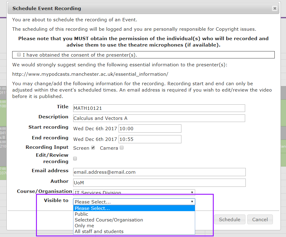 Podcast Schedule tool visibility selection box